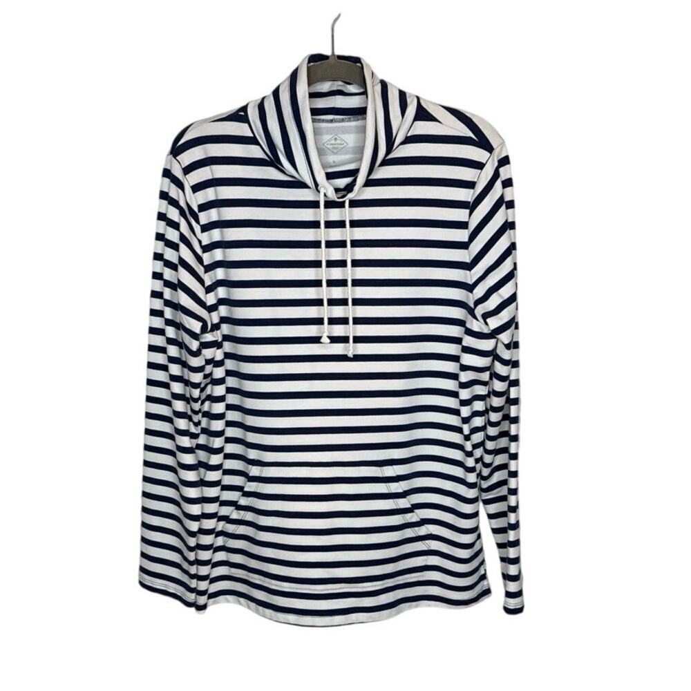 St. John’s Bay nautical blue white cowl neck drawstring long sleeve pockets EUC